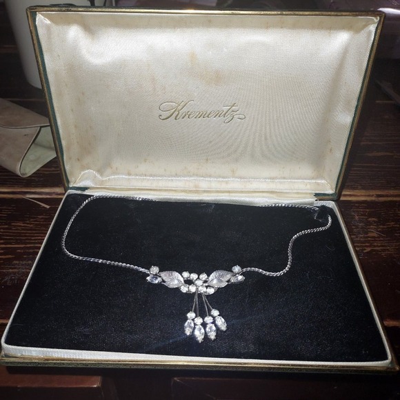 Jewelry - Vintage KREMENTZ Rhinestone Floral Bouquet Choker Necklace Silver 14k Overlay